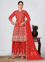 Heavy Premium Chinnon Red Wedding Wear Embroidery Work Readymade Sharara Suit